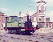 Restored Z class locomotive no. 526 known as Polly, in front of the clock tower at Newport Railway Workshops, following restoration for the Museum of Victoria