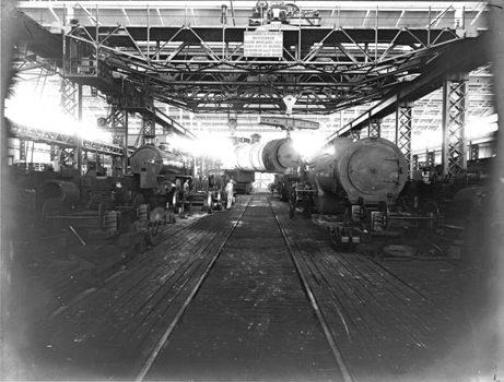 A2 class steam locomotives under construction in the erecting shop at Ballarat Railway Workshop, circa 1922