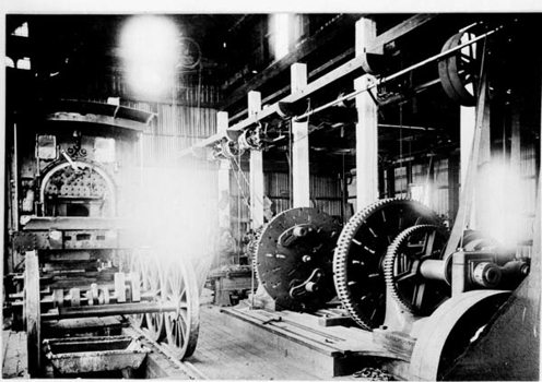 Interior of railway workshop on the Moama to Deniliquin line, 1923