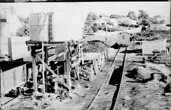 Water tank and locomotive coaling stage, unknown Victorian country location, circa 1940s