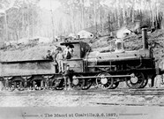 Contractors and locomotive on the Thorpdale line, Coalville, 1887