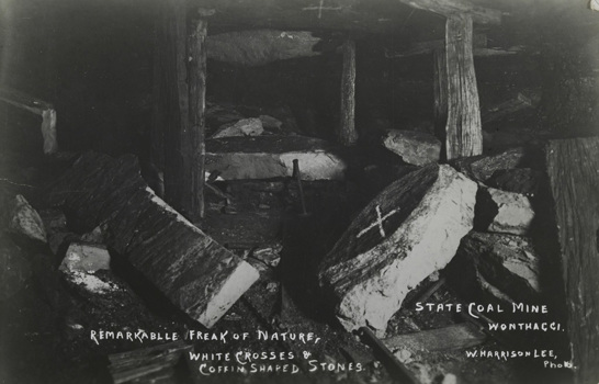 Interior workings of the State Coal Mine at Wonthaggi, post-1905. The white cross on the roof of the mine shows where the stone with the white cross fell from, killing two men.
