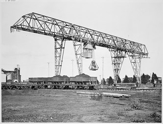 Overhead travelling crane unloading coal, Newport Power Station, pre-1918