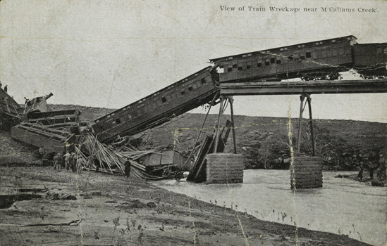 Train wreckage following a bridge failure at McCallums Creek, 19 August 1909