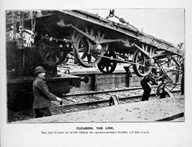 Big crane lifting undercarriage from tracks after an accident, Sunshine, 22 April 1908