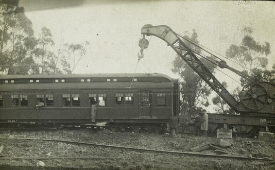 Lifting a passenger carriage following a train accident, circa 1910