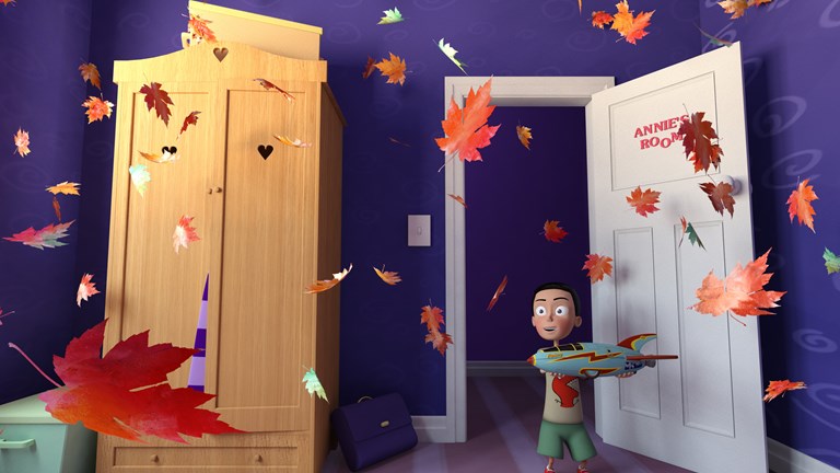 Animated boy in a room with a rocket and autumn leaves
