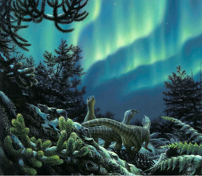 Three small dinosaurs browse on vegetation beneath the Southern Lights. 