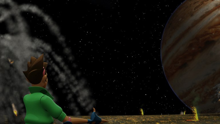 Animation still. Boy standing on a planet