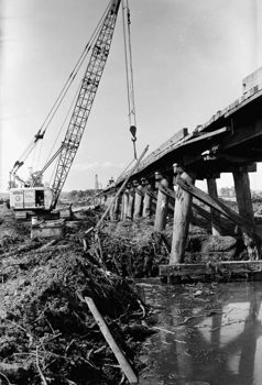 View of Bairnsdale to Orbost line bridge after Snowy River floods, 15 February 1971
