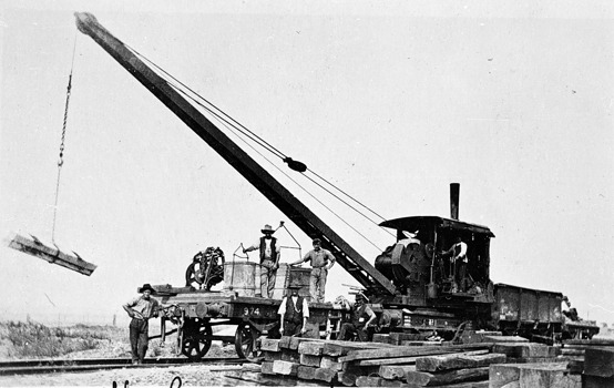 Workers unloading sleepers on the Moorabool Bridge, Geelong district, circa 1915