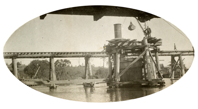 Bridge over the Mitchell River on the Bairnsdale to Orbost line. Tilt of Pier 3 at its worst, March 1915