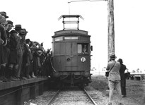 First electric train from Thomastown, swing door dogbox
