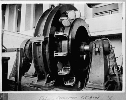 Rotary converter at railways substation, DC end, circa 1920s