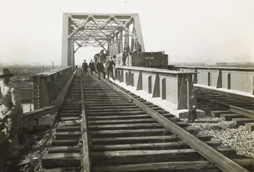 First ballast train on the Maribyrnong River Bridge on the South Kensington to West Footscray line, Kensington, 1928