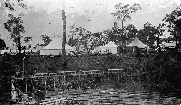 A tent settlement beside rail lines, Morwell, 1917