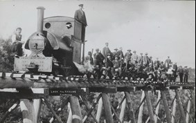 Narrow gauge locomotive with inspection train on firewood tramway near Walhalla, circa 1910