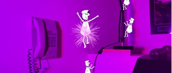 Still of four black and white illustrated figures climbing office stationery, superimposed over a purple-lit image of a telephone and desk