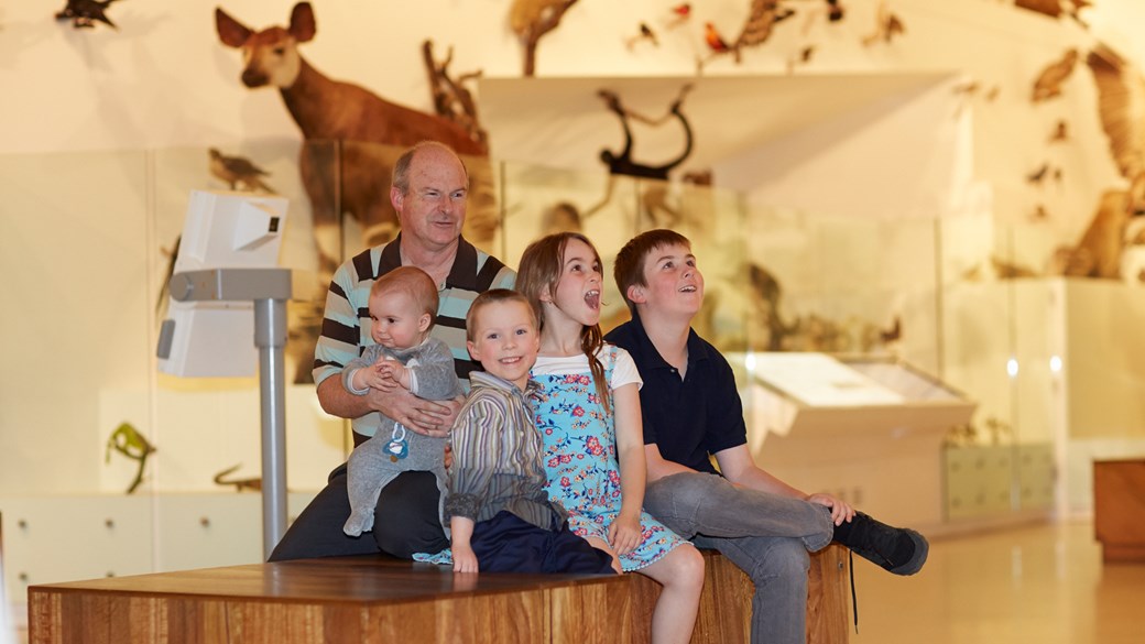 A man and his children surrounded by animals in the museum.