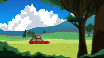 Still from animation of a red car, with luggage on the roof racks, driving through lush countryside with blue skies