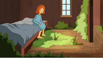 Still from animation of a teen girl with red hair wearing a nightgown getting out of bed to find the floorboards overgrown with grass