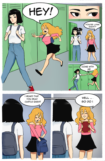 Three illustrations: Blonde girl chases brunette girl down corridor and calls out, blond girl reaches into backpack while talking to brunette girl, blonde girl takes out a red book (Castle Quest)