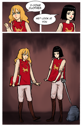 Three illustrations: Blonde girl pointing, brunette girl talking, both girls looking at each other's new outfits, which have transformed into medieval-style clothes