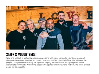 A photograph of six staff members standing together happily with the caption 'Staff and Volunteers' and text about their importance within the cafe 