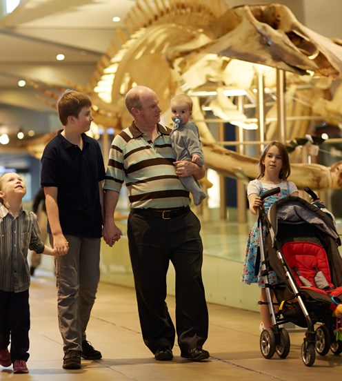 Family walking and Blue Whale skeleton