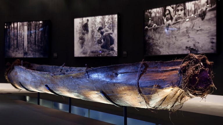 Exhibition at Birrarung Gallery, Bunjilaka, featuring Boorun's Canoe and photographs