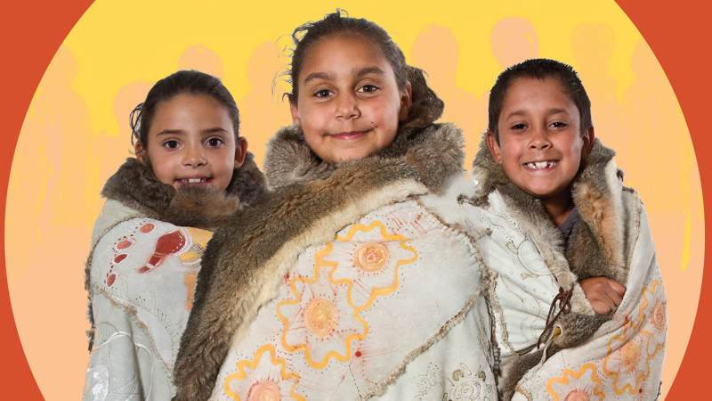 Three children wearing possum skin cloaks in Naghlingah Boorais: Beautiful Children