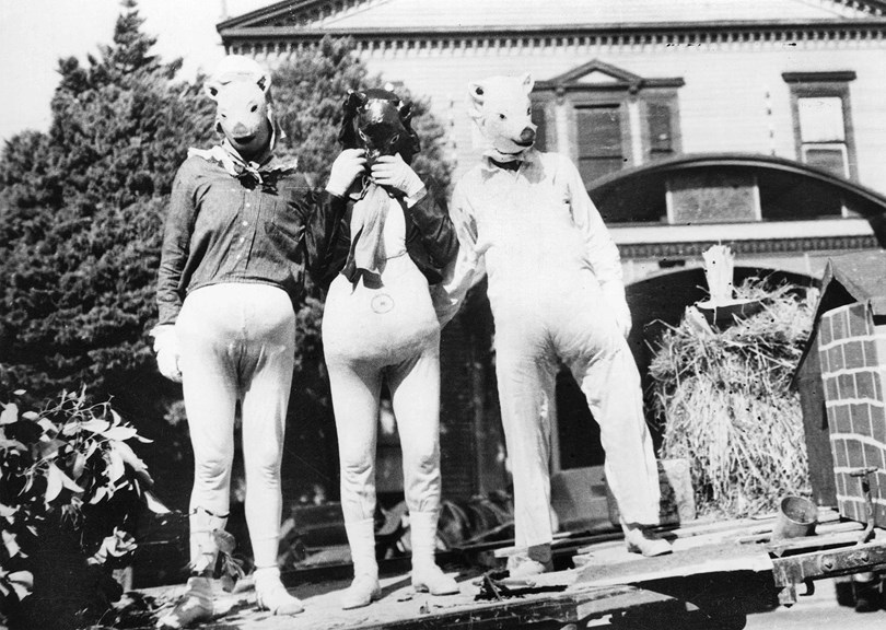 Black and white image of three men dressed as pigs standing on the back of a truck.