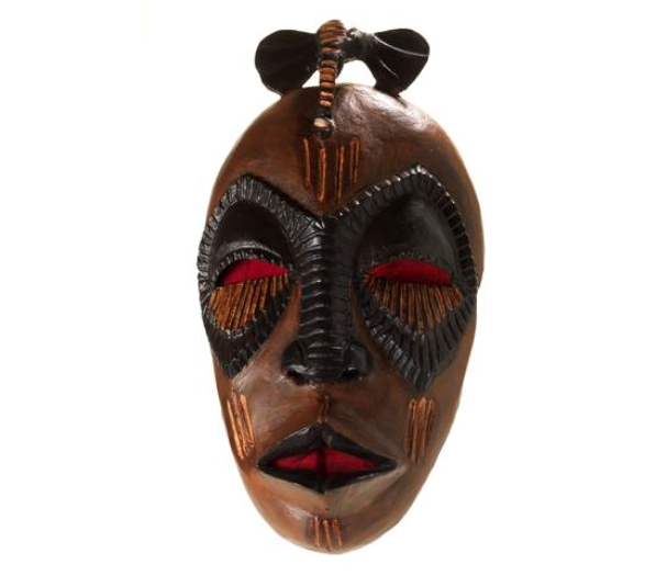 Mahogany mask painted and stained in black, brown and yellow. At the top of the mask is a carved head of an elephant with the trunk coming to the centre of the mask's forehead. 