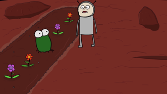 Illustration of an astronaut standing next to a garden with an alien in it  