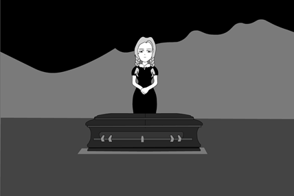 Black and white illustration of a girl standing by a coffin