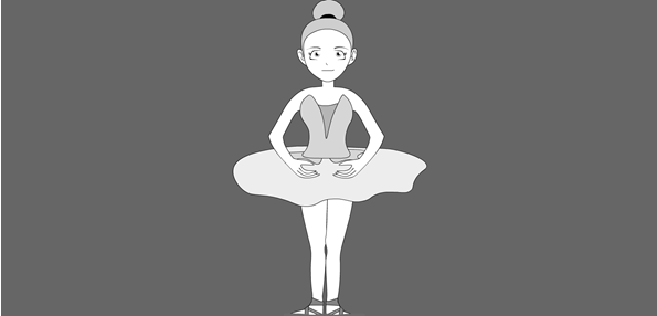 Black and white illustration of a girl in a ballet costume standing in the first position