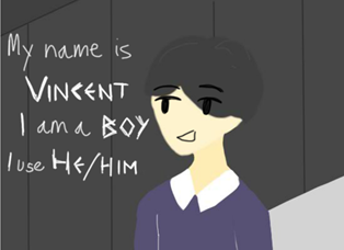 Illustration of a boy in a school corridor in front of lockers with text caption 