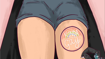 Illustration of someone's thighs with a tattoo saying 'Kinda Gay Tattoo Co' being applied to one