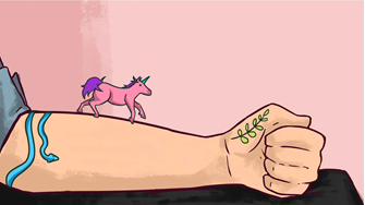 Illustration of a small pink unicorn running along someone's arm