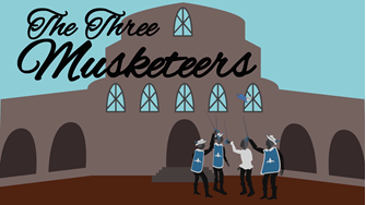 Illustrated title sequence of four figures in front of a building facade