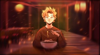 Still from an animation, showing a surprised and excited manga style boy eating ramen in full colour