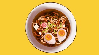 Still from an animation, showing a top down down bowl of ramen with boiled eggs and spring onion 
