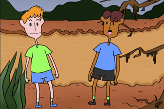 Two animated teenagers talking by a muddy river