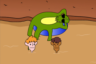 Still from an animation, where a crocodile in sunglasses rests on an inflatable raft and two boys swim in the water