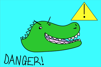 Animated crocodile head leering, labelled danger