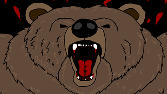 Close up of an animated grizzly bear roaring with bloody fangs