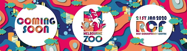 Three different pink, blue, orange and yellow logos advertising the Melbourne Zoo reef conservation centre