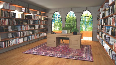 A large desk on a red rug in the middle of a bright room lined with bookshelves