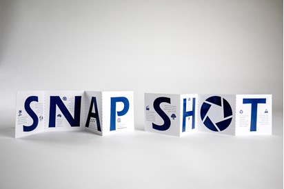 A foldout pamphlet with large letters on each panel spelling out 'Snapshot' in capital letters