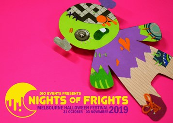 Promotional material for a Halloween event called 'Nights of Frights'. A spooky handmade doll made from carboard and buttons is pictured on a bright pink background with bold yellow and blue text